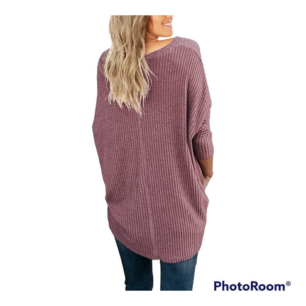 IWOLLENCE Rust Red Waffle Knit Blouse Tie Knot Henley Medium - Picture 3 of 5